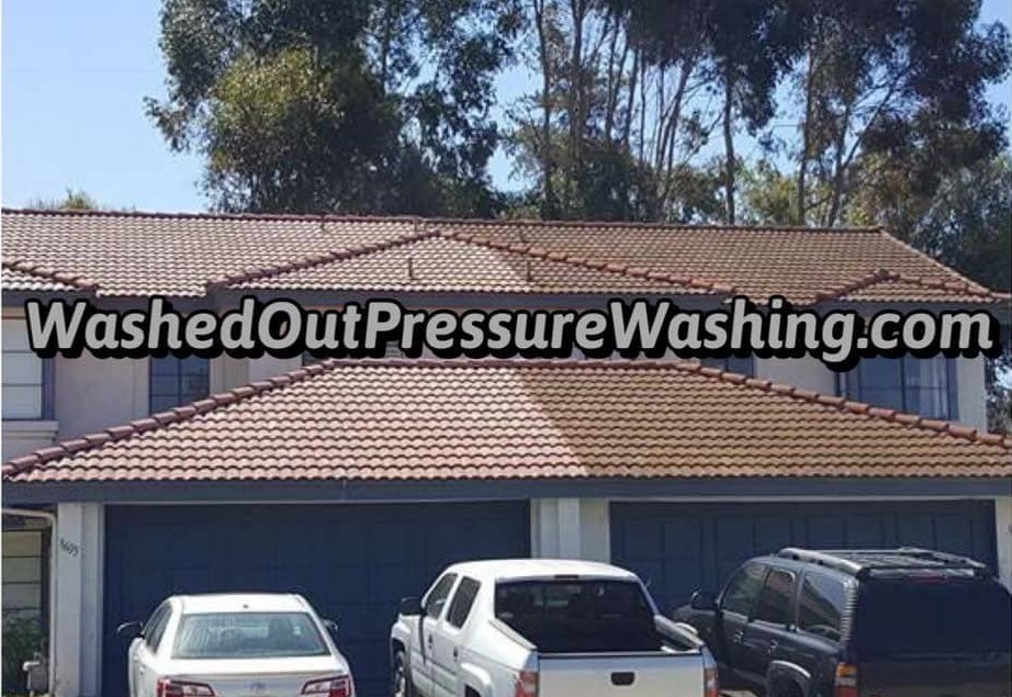 Tile Roof Half Cleaned by Washed Out Pressure Washing